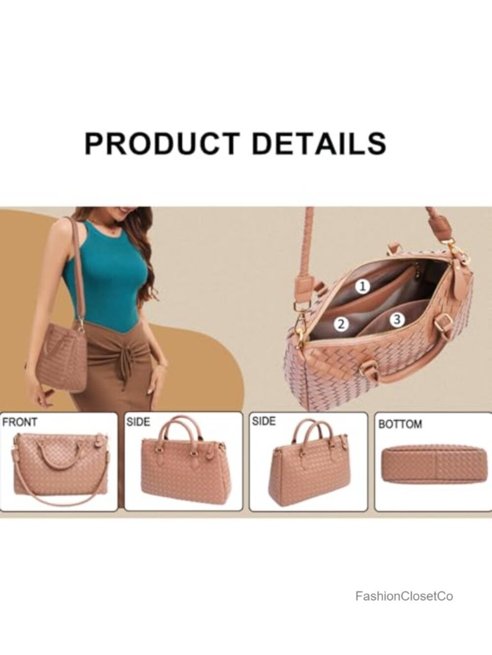 Woven Vegan Leather Tote Bag with Crossbody Strap Zip Closure - Picture 3 of 6